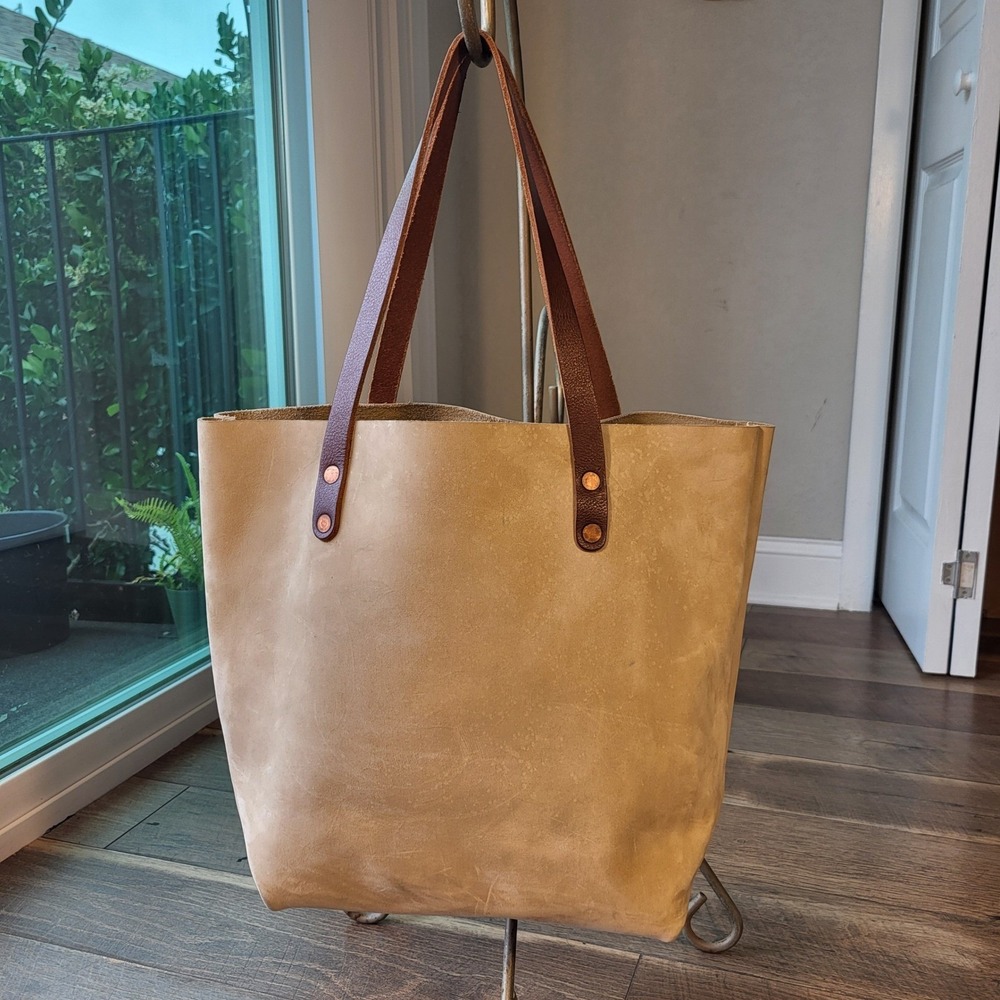 KMM & Co Tan Full Grain Leather Tote Bag Brown Straps Copper Rivets Handmade